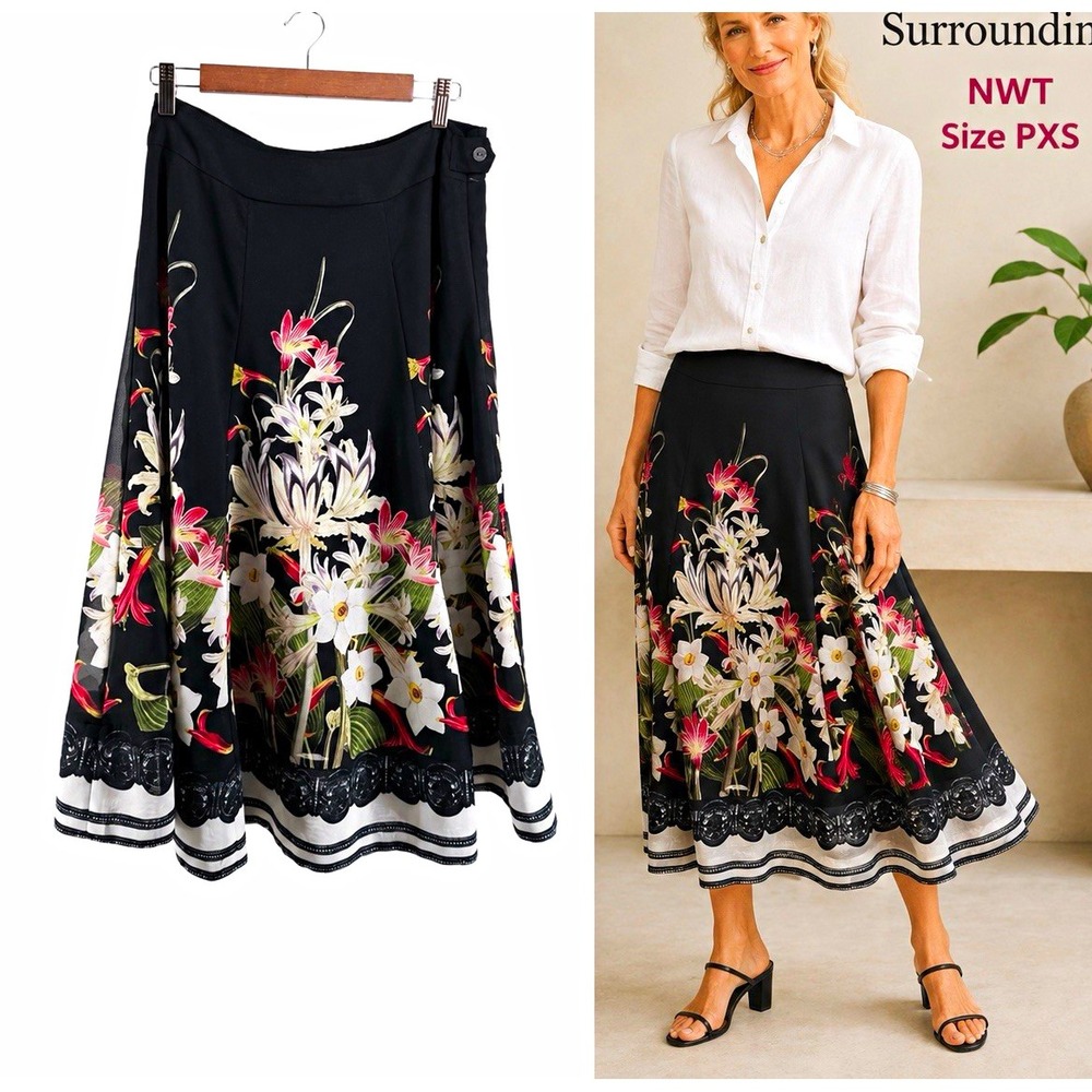 Soft Surroundings Black Floral Chiffon A-Line Skirt PXS Lined Botanical Floral